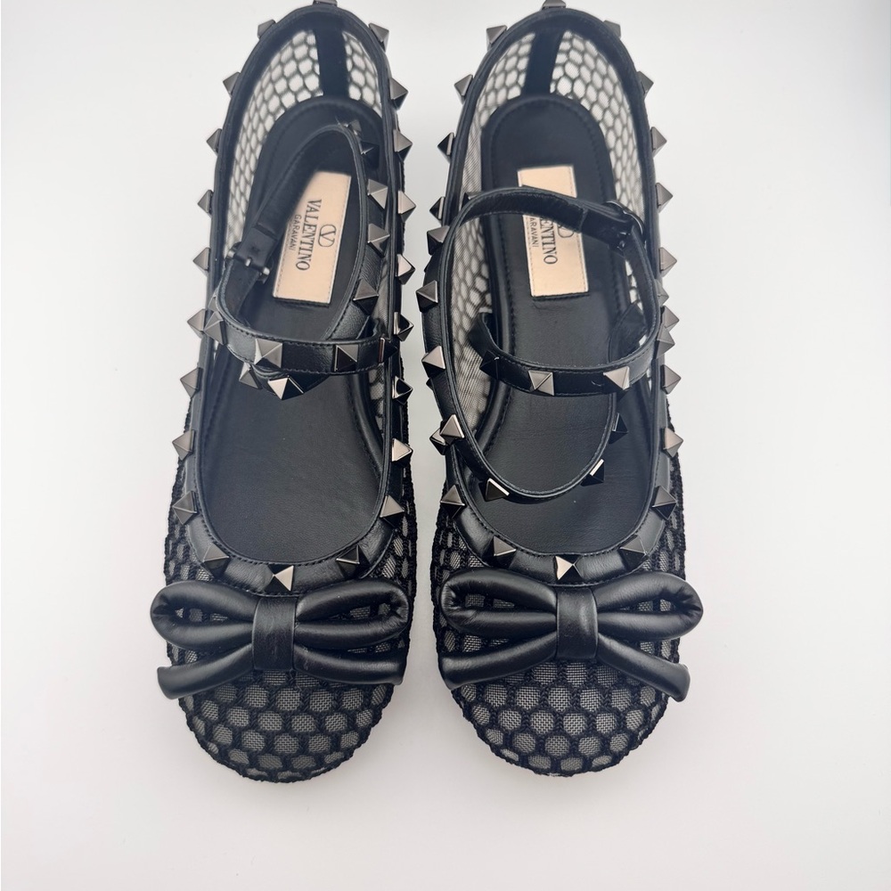 Valentino Garavani Rockstud Mesh Black Flats with Bow Detail - 36